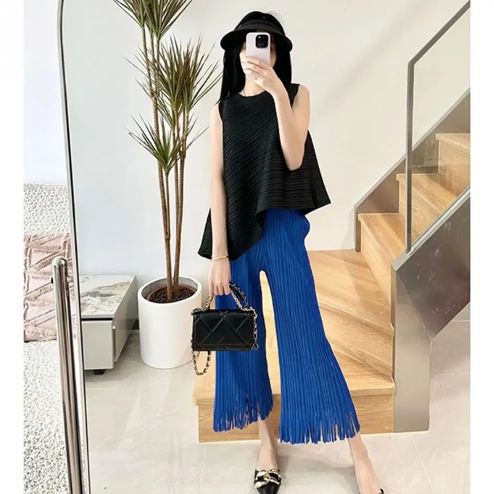 Miyake Pleated Fringe Women's Wide-legged Pants New Loose Plus Size High Waist Slim Fashion Folded Solid Color Straight Pants