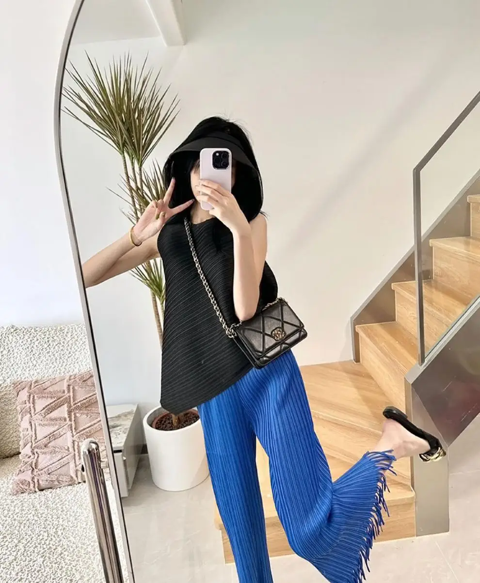 Miyake Pleated Fringe Women's Wide-legged Pants New Loose Plus Size High Waist Slim Fashion Folded Solid Color Straight Pants