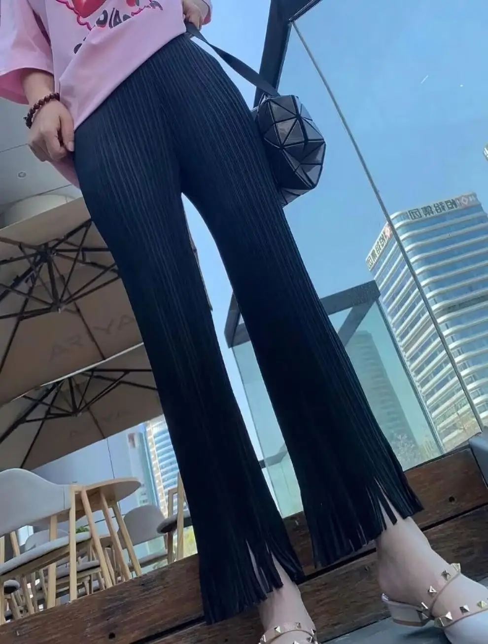 Miyake Pleated Fringe Women's Wide-legged Pants New Loose Plus Size High Waist Slim Fashion Folded Solid Color Straight Pants