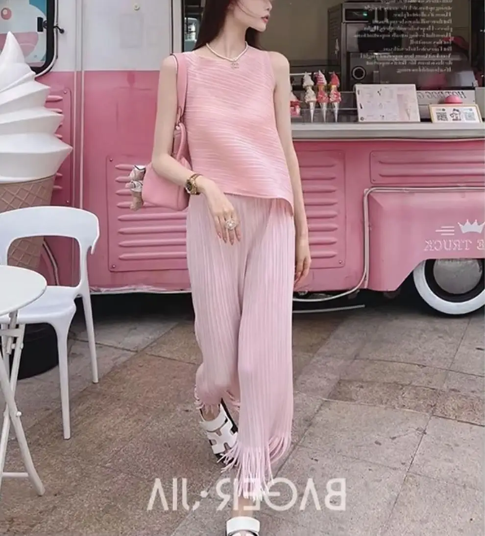 Miyake Pleated Fringe Women's Wide-legged Pants New Loose Plus Size High Waist Slim Fashion Folded Solid Color Straight Pants