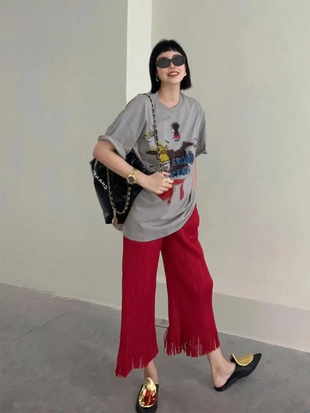 Miyake Pleated Fringe Women's Wide-legged Pants New Loose Plus Size High Waist Slim Fashion Folded Solid Color Straight Pants