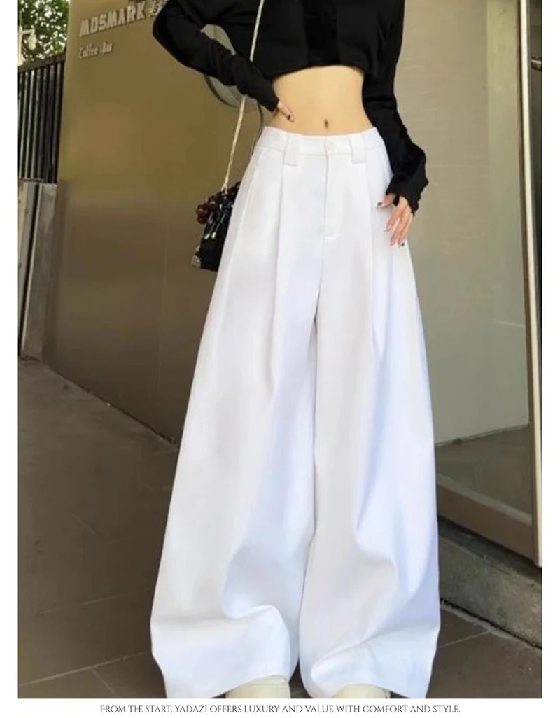 Zoki Chic White Suit Wide Leg Pant Women Elegant Korean High Waist Fashion Trousers Loose Casual Summer Simple Female Pants New