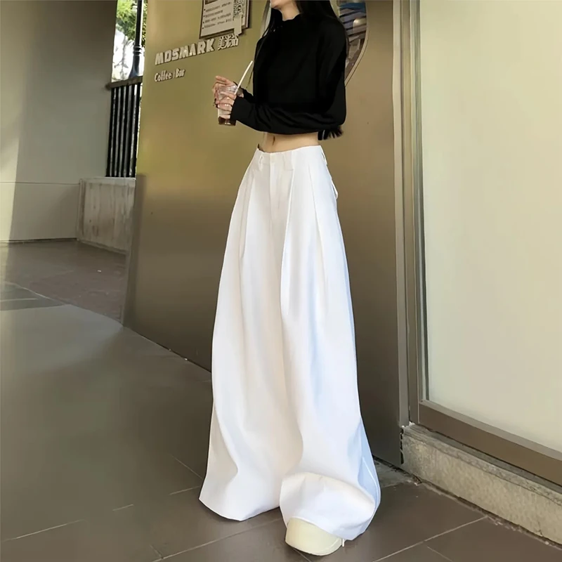 Zoki Chic White Suit Wide Leg Pant Women Elegant Korean High Waist Fashion Trousers Loose Casual Summer Simple Female Pants New