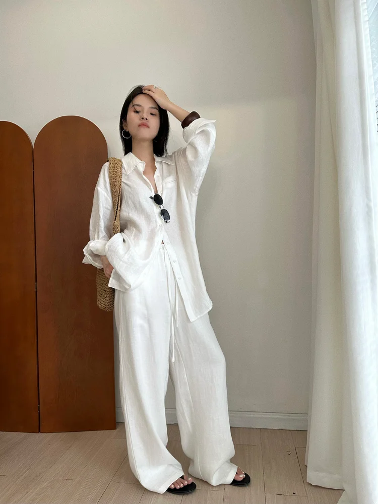 Fashion Casual Linen Wide-leg Pants Summer Loose Versatile Drawstring White Casual Straight Trousers Female
