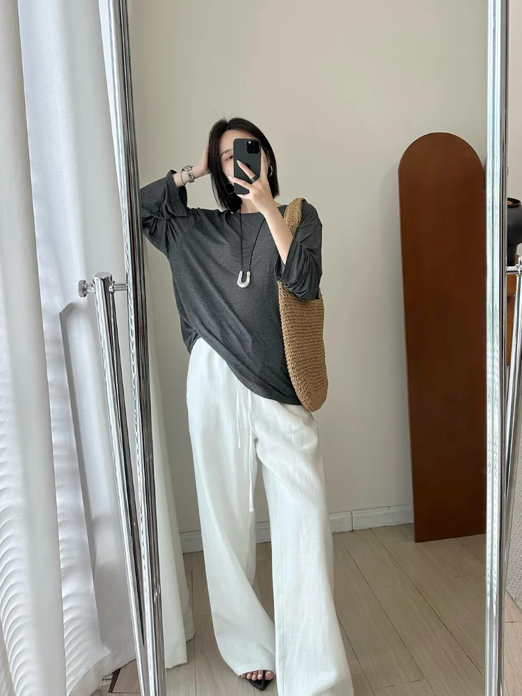 Fashion Casual Linen Wide-leg Pants Summer Loose Versatile Drawstring White Casual Straight Trousers Female