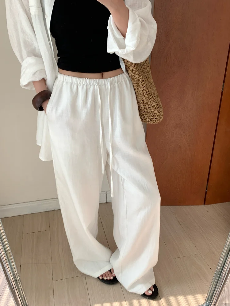 Fashion Casual Linen Wide-leg Pants Summer Loose Versatile Drawstring White Casual Straight Trousers Female
