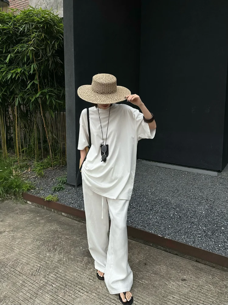 Fashion Casual Linen Wide-leg Pants Summer Loose Versatile Drawstring White Casual Straight Trousers Female