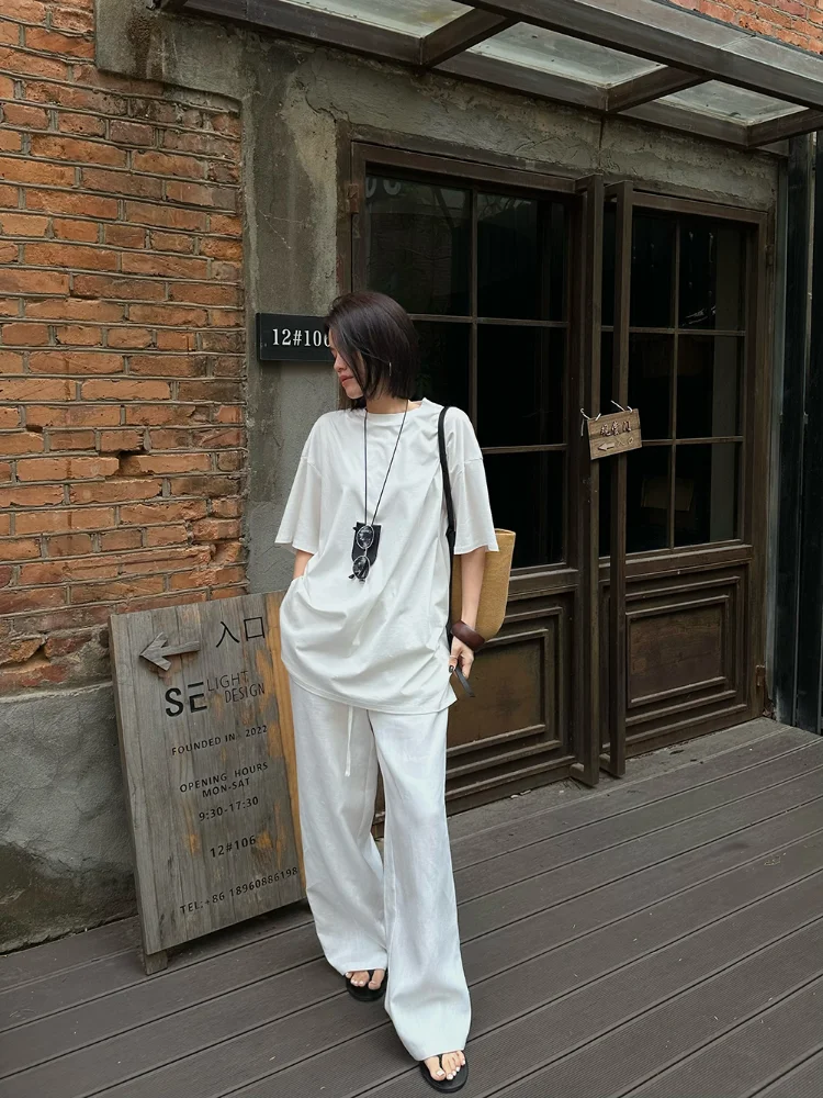 Fashion Casual Linen Wide-leg Pants Summer Loose Versatile Drawstring White Casual Straight Trousers Female