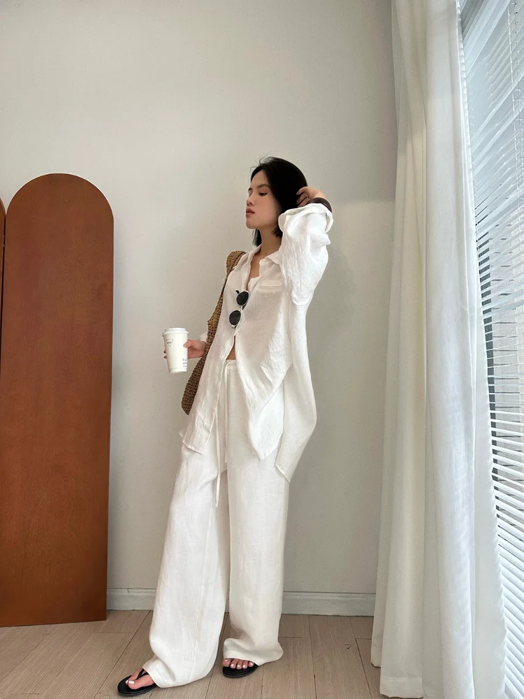 Fashion Casual Linen Wide-leg Pants Summer Loose Versatile Drawstring White Casual Straight Trousers Female