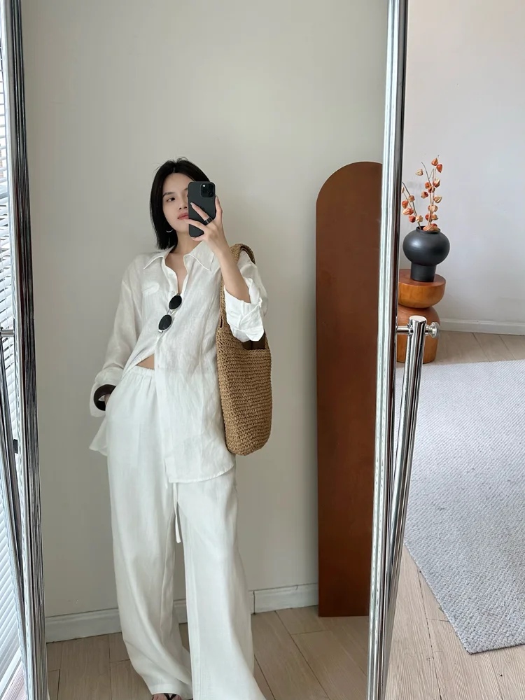 Fashion Casual Linen Wide-leg Pants Summer Loose Versatile Drawstring White Casual Straight Trousers Female