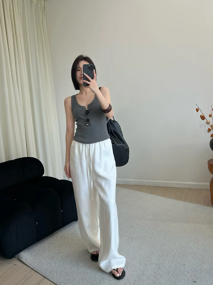 Fashion Casual Linen Wide-leg Pants Summer Loose Versatile Drawstring White Casual Straight Trousers Female