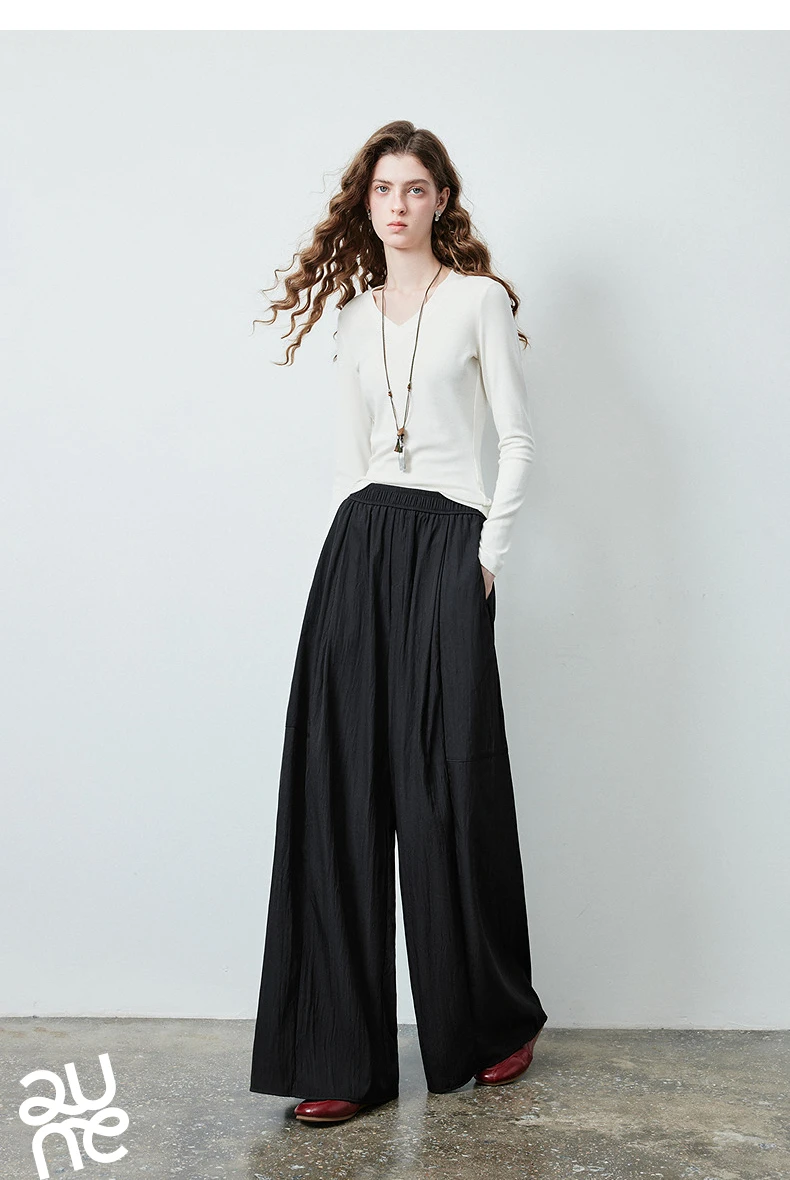 TOYOUTH Women's Textured Loose Wide Leg Long Pants 2026 Fall New Arrival High Waist Seam Detail Leg Lengthening Pear Shape