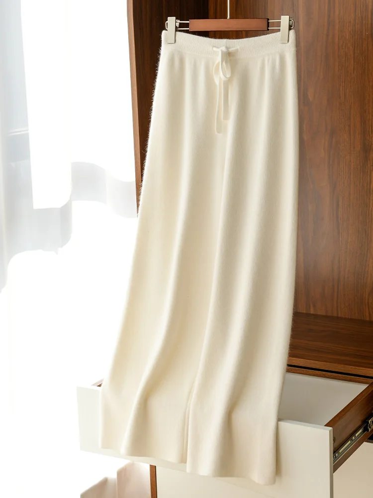 ADDONEE Autumn Winter Women Wide Leg Wool Pants Elastic Waist Casual Loose Cashmere Trousers 100% Merino Wool Knitwear Top