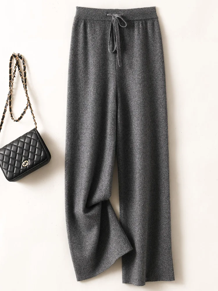 ADDONEE Autumn Winter Women Wide Leg Wool Pants Elastic Waist Casual Loose Cashmere Trousers 100% Merino Wool Knitwear Top