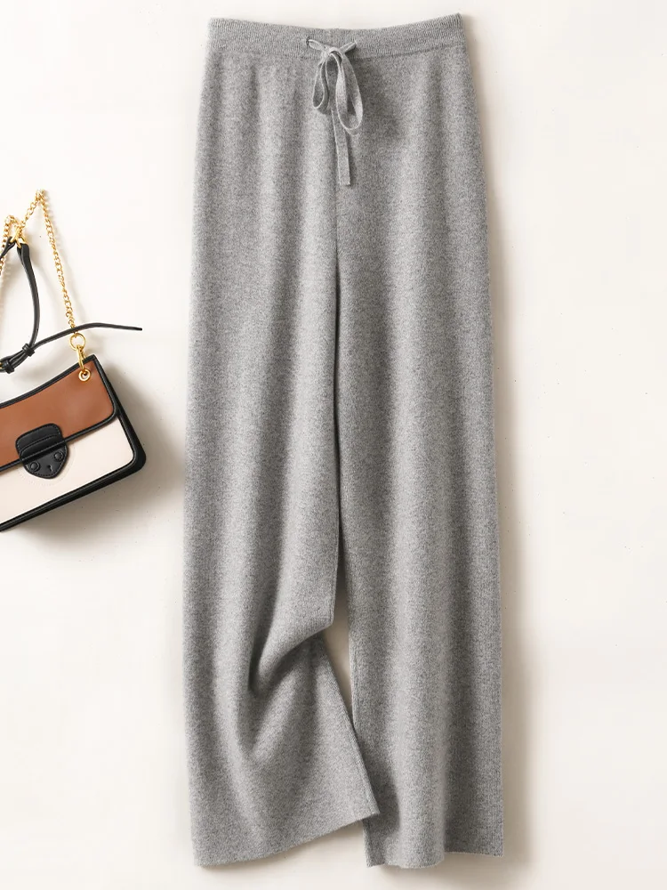 ADDONEE Autumn Winter Women Wide Leg Wool Pants Elastic Waist Casual Loose Cashmere Trousers 100% Merino Wool Knitwear Top