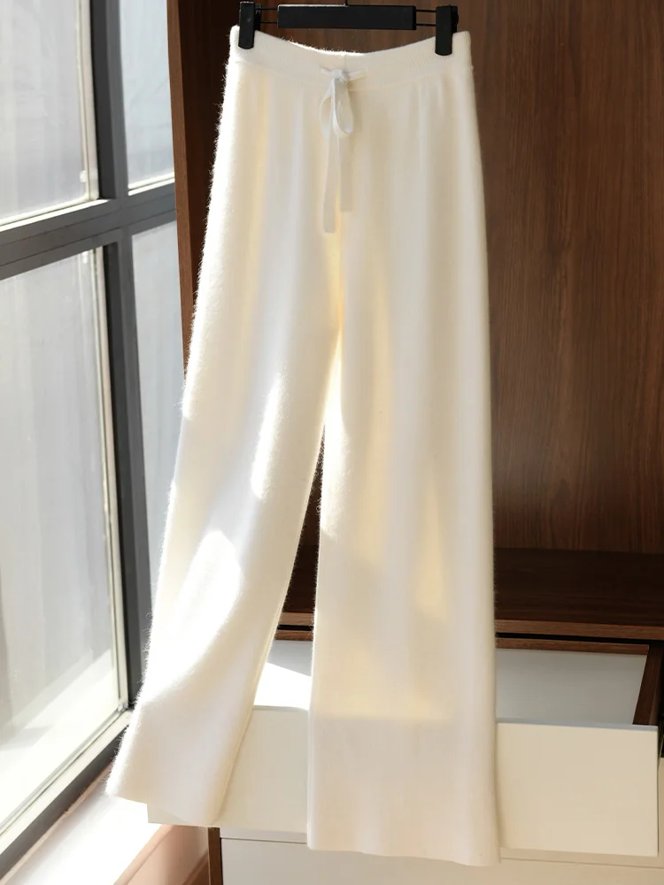 ADDONEE Autumn Winter Women Wide Leg Wool Pants Elastic Waist Casual Loose Cashmere Trousers 100% Merino Wool Knitwear Top