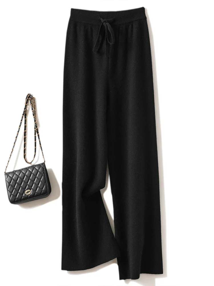ADDONEE Autumn Winter Women Wide Leg Wool Pants Elastic Waist Casual Loose Cashmere Trousers 100% Merino Wool Knitwear Top
