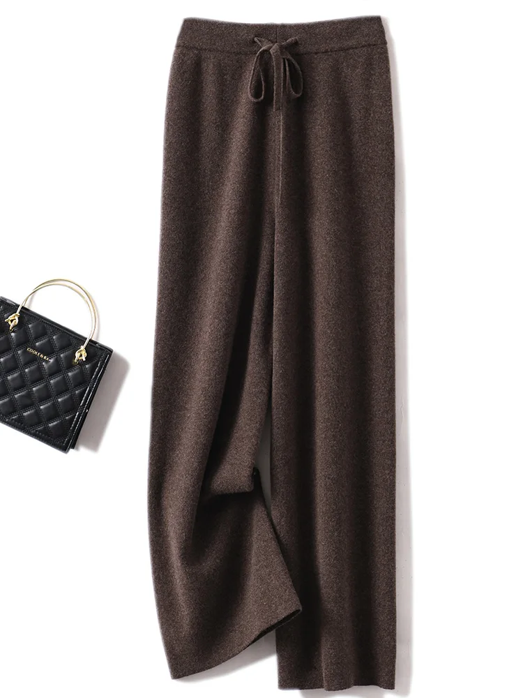ADDONEE Autumn Winter Women Wide Leg Wool Pants Elastic Waist Casual Loose Cashmere Trousers 100% Merino Wool Knitwear Top