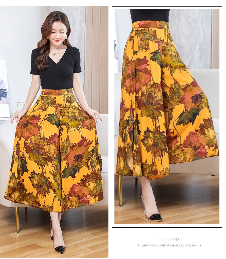 Fanmuer 2025 Summer Pants Women Casual Loose Elastic Waist Vintage Pant Trousers Women Wide Leg Pants Print Calf-length Pants