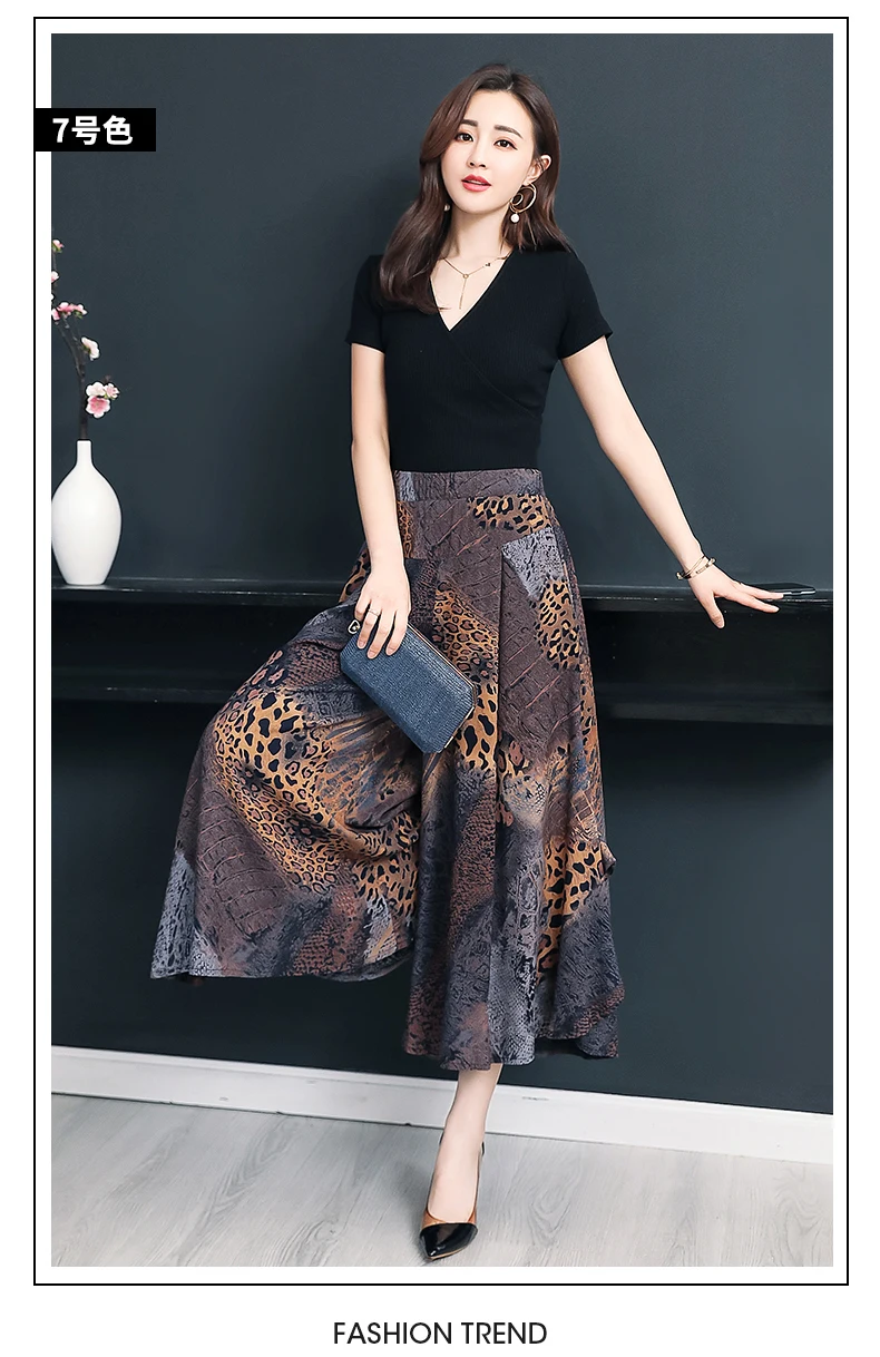 Fanmuer 2025 Summer Pants Women Casual Loose Elastic Waist Vintage Pant Trousers Women Wide Leg Pants Print Calf-length Pants
