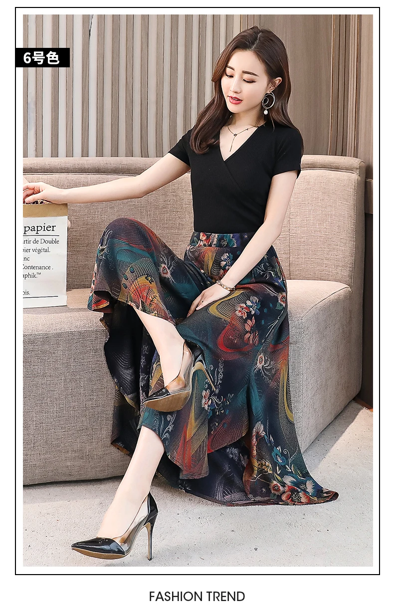 Fanmuer 2025 Summer Pants Women Casual Loose Elastic Waist Vintage Pant Trousers Women Wide Leg Pants Print Calf-length Pants