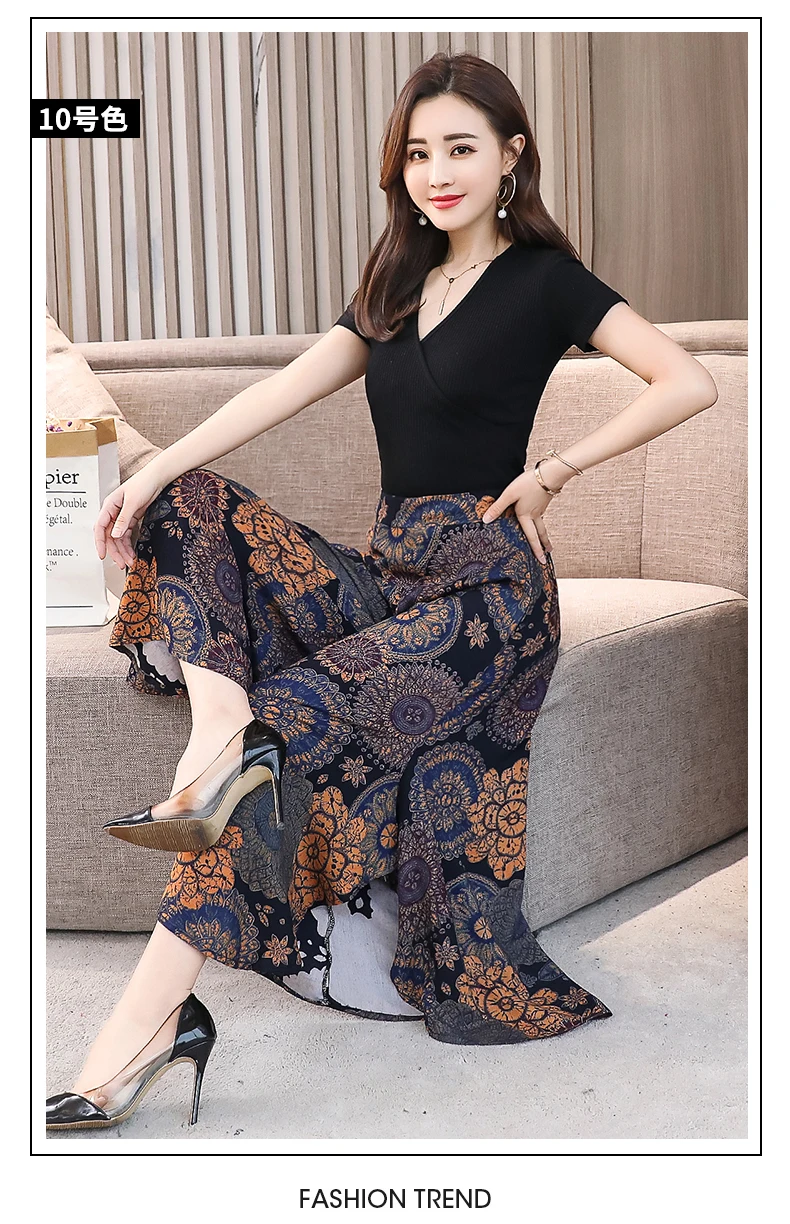 Fanmuer 2025 Summer Pants Women Casual Loose Elastic Waist Vintage Pant Trousers Women Wide Leg Pants Print Calf-length Pants