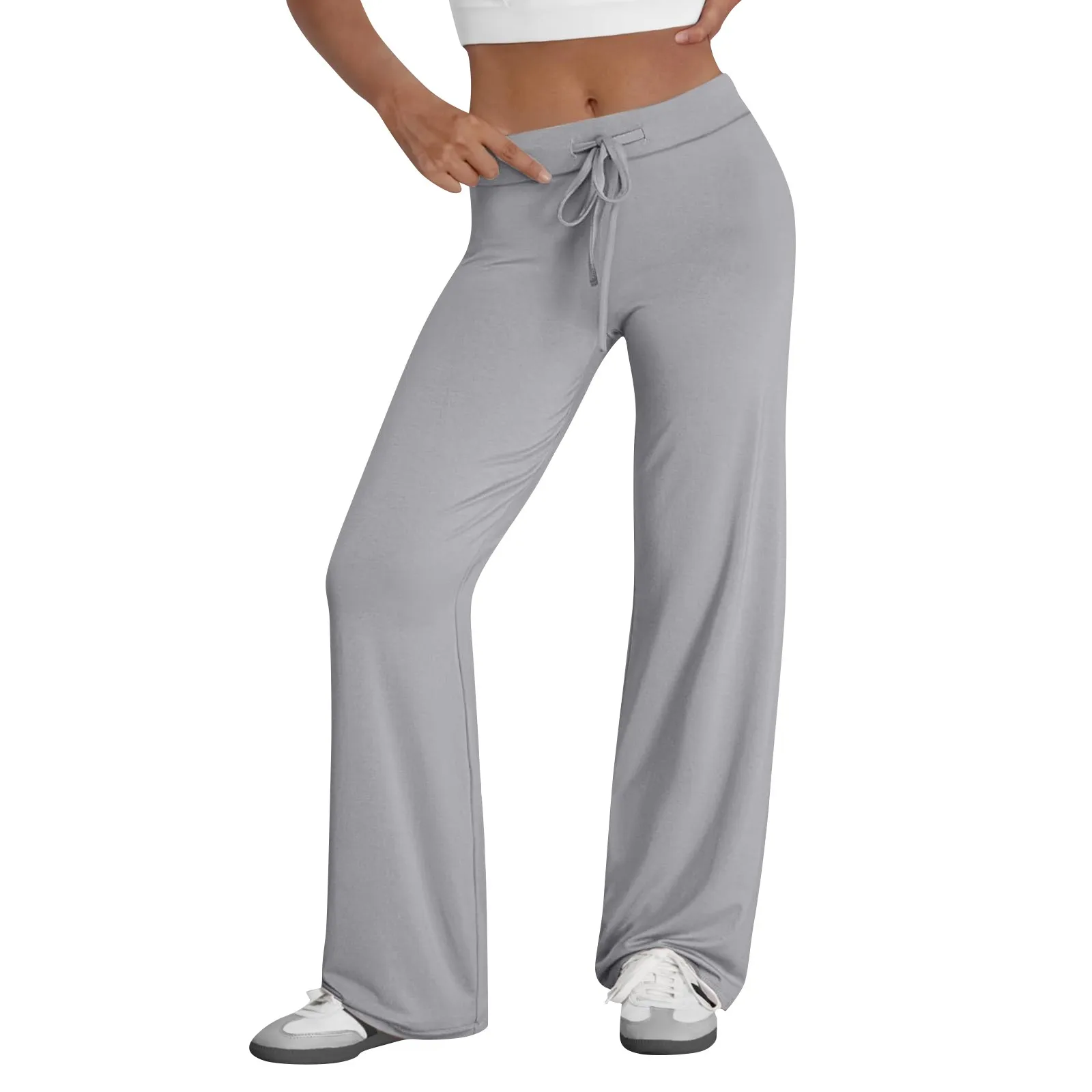 Activewear Women Wide Leg Pants Casual Cotton Yoga Pants With Pockets High Waist Drawstring Baggy Sweatpants Flare Leggings