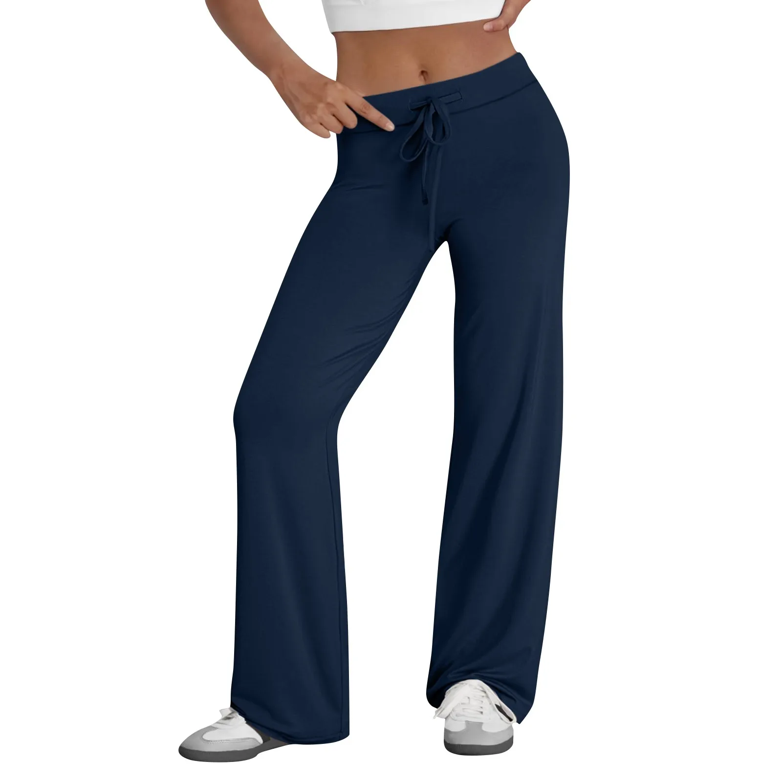 Activewear Women Wide Leg Pants Casual Cotton Yoga Pants With Pockets High Waist Drawstring Baggy Sweatpants Flare Leggings