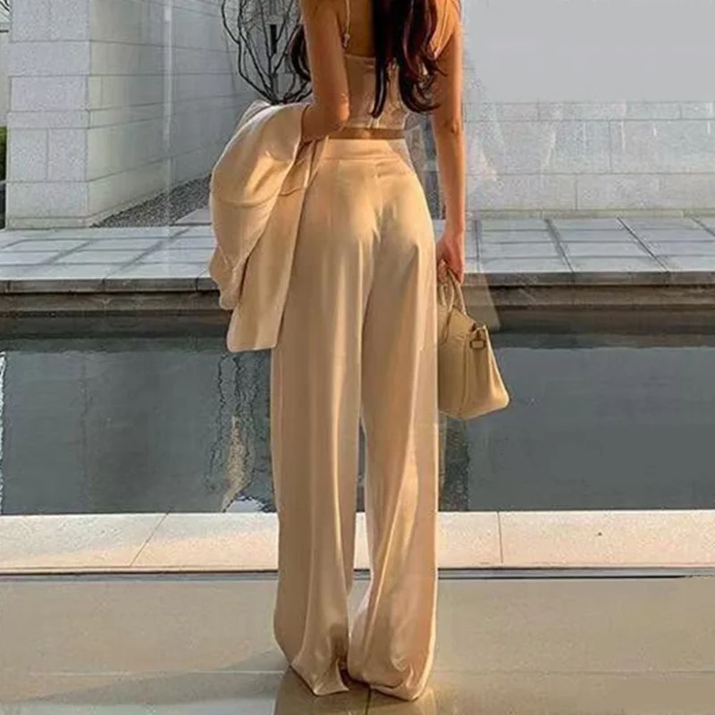 High Waist Satin Wide Leg Pants White Black Pants Women Summer Thin Loose Casual Pants Fashion Solid All-match Straight Trousers