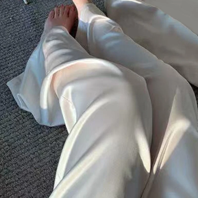 High Waist Satin Wide Leg Pants White Black Pants Women Summer Thin Loose Casual Pants Fashion Solid All-match Straight Trousers