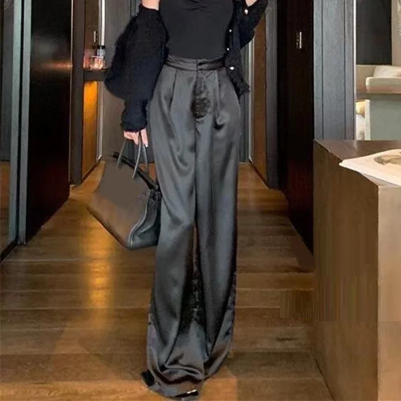 High Waist Satin Wide Leg Pants White Black Pants Women Summer Thin Loose Casual Pants Fashion Solid All-match Straight Trousers