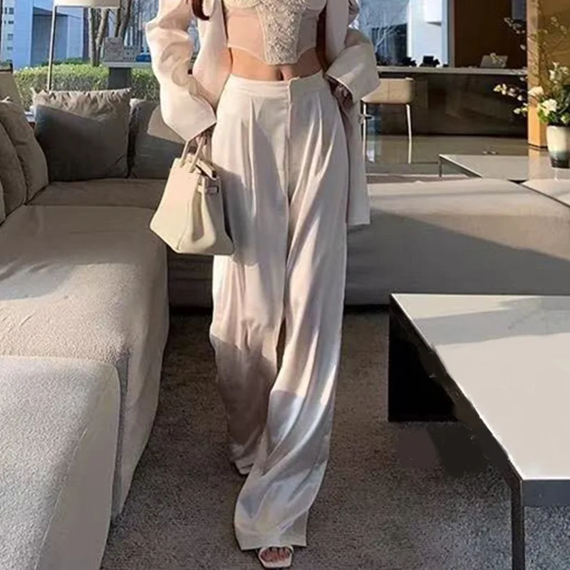 High Waist Satin Wide Leg Pants White Black Pants Women Summer Thin Loose Casual Pants Fashion Solid All-match Straight Trousers