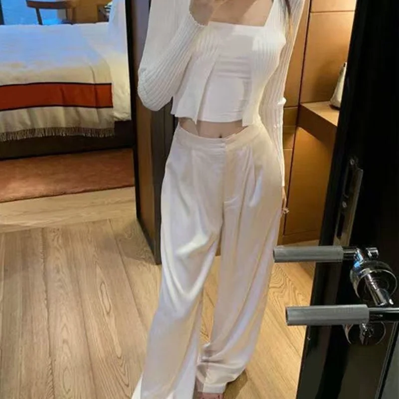 High Waist Satin Wide Leg Pants White Black Pants Women Summer Thin Loose Casual Pants Fashion Solid All-match Straight Trousers