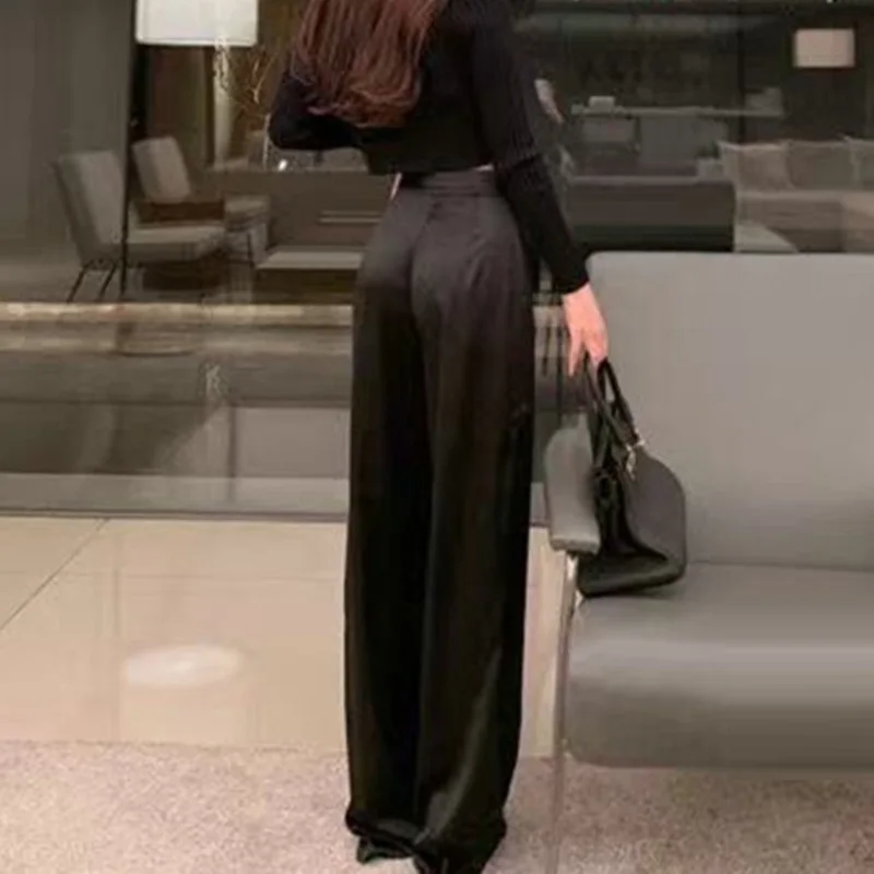 High Waist Satin Wide Leg Pants White Black Pants Women Summer Thin Loose Casual Pants Fashion Solid All-match Straight Trousers
