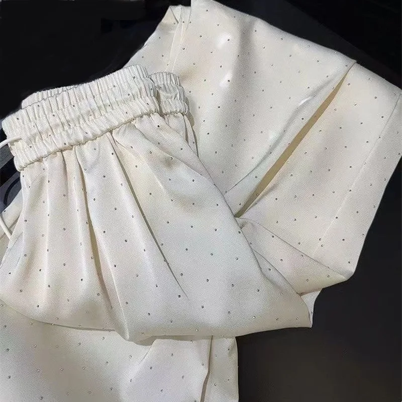 Women Summer Pants All-match High Waist Casual Loose Wide Leg Pants Rhinestone Straight Trousers Korean Fashion Female Clothes