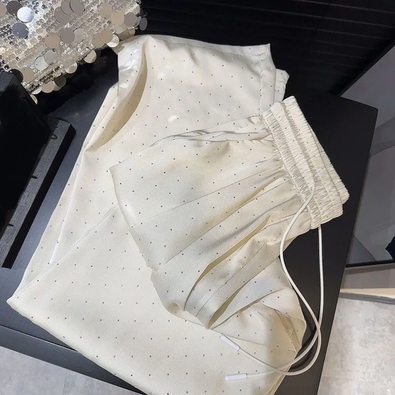 Women Summer Pants All-match High Waist Casual Loose Wide Leg Pants Rhinestone Straight Trousers Korean Fashion Female Clothes