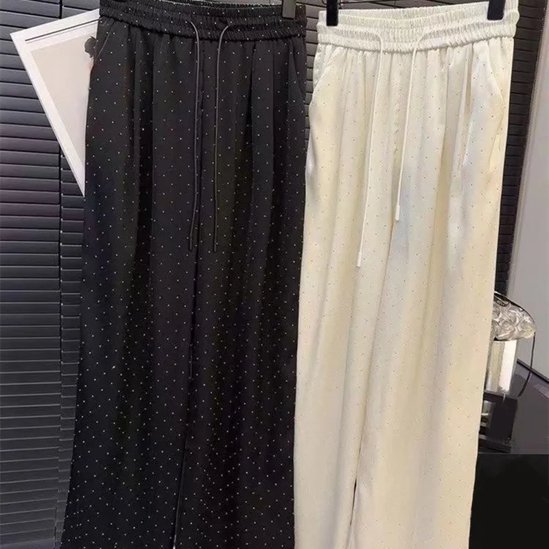 Women Summer Pants All-match High Waist Casual Loose Wide Leg Pants Rhinestone Straight Trousers Korean Fashion Female Clothes