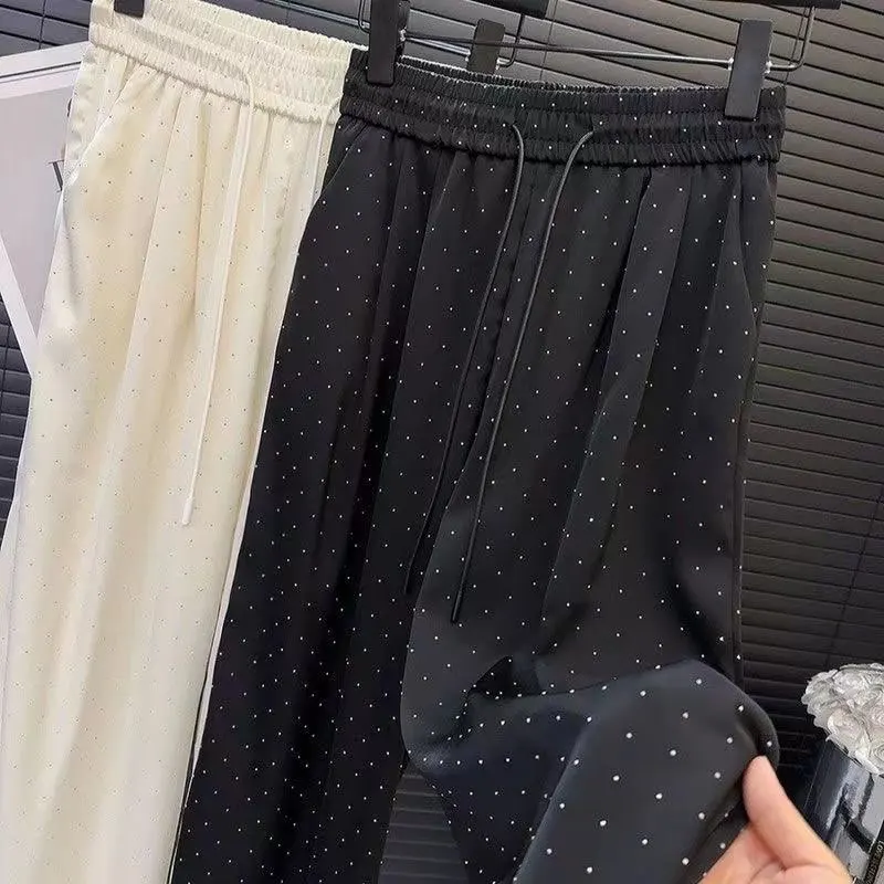 Women Summer Pants All-match High Waist Casual Loose Wide Leg Pants Rhinestone Straight Trousers Korean Fashion Female Clothes