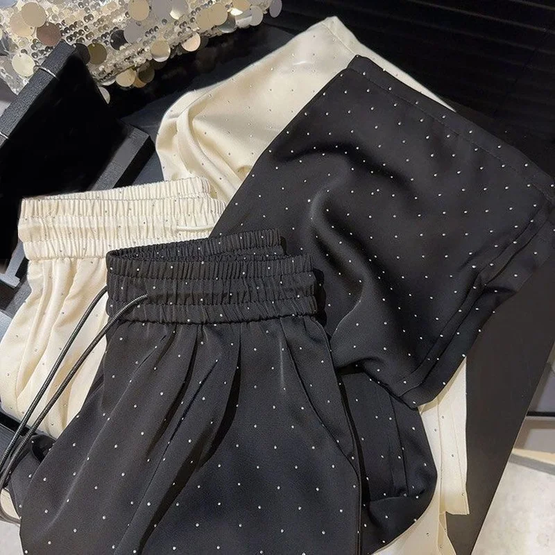 Women Summer Pants All-match High Waist Casual Loose Wide Leg Pants Rhinestone Straight Trousers Korean Fashion Female Clothes
