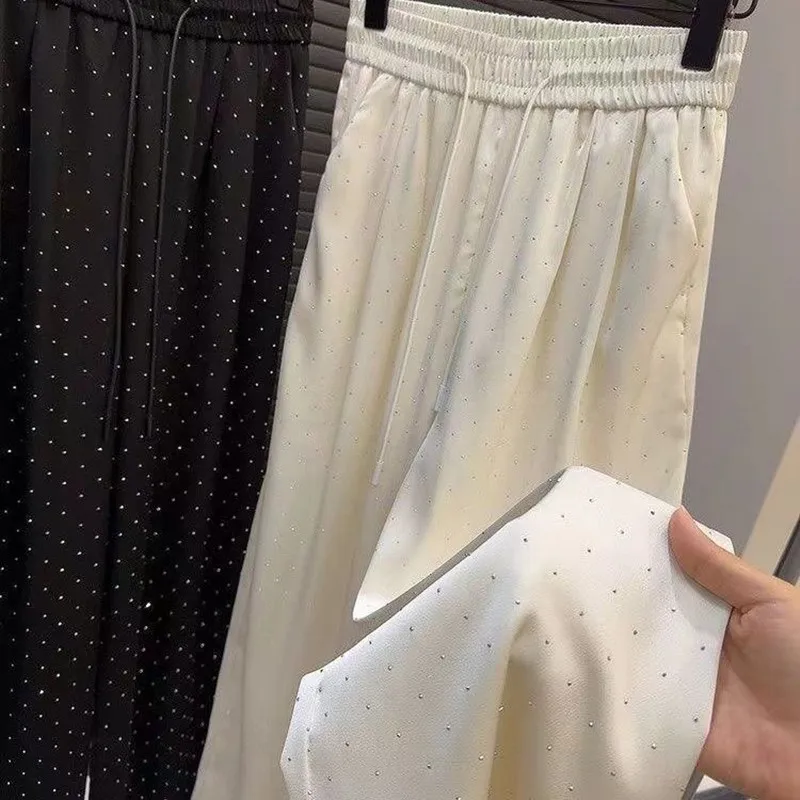 Women Summer Pants All-match High Waist Casual Loose Wide Leg Pants Rhinestone Straight Trousers Korean Fashion Female Clothes