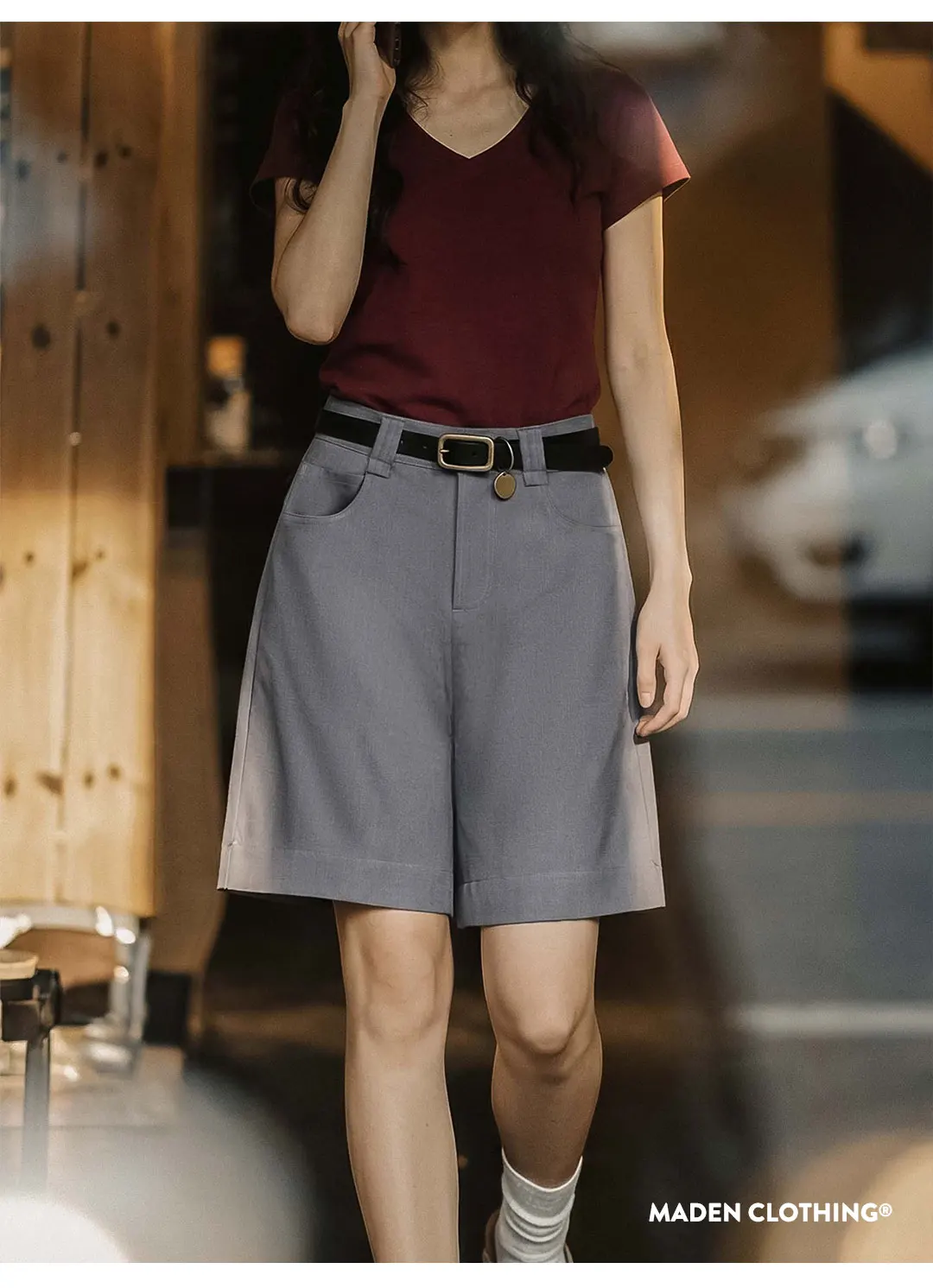 Maden Women's Old Money High Waist A Line Suit Shorts Straight Leg Thin Grey Five Point Pants Office Commuter Casual Summer wear