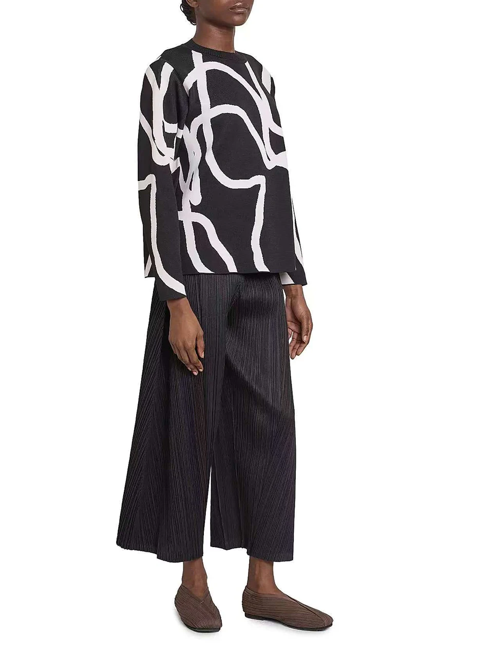 Miyake Pleated Thick Elastic Waistband Wide Leg Pants