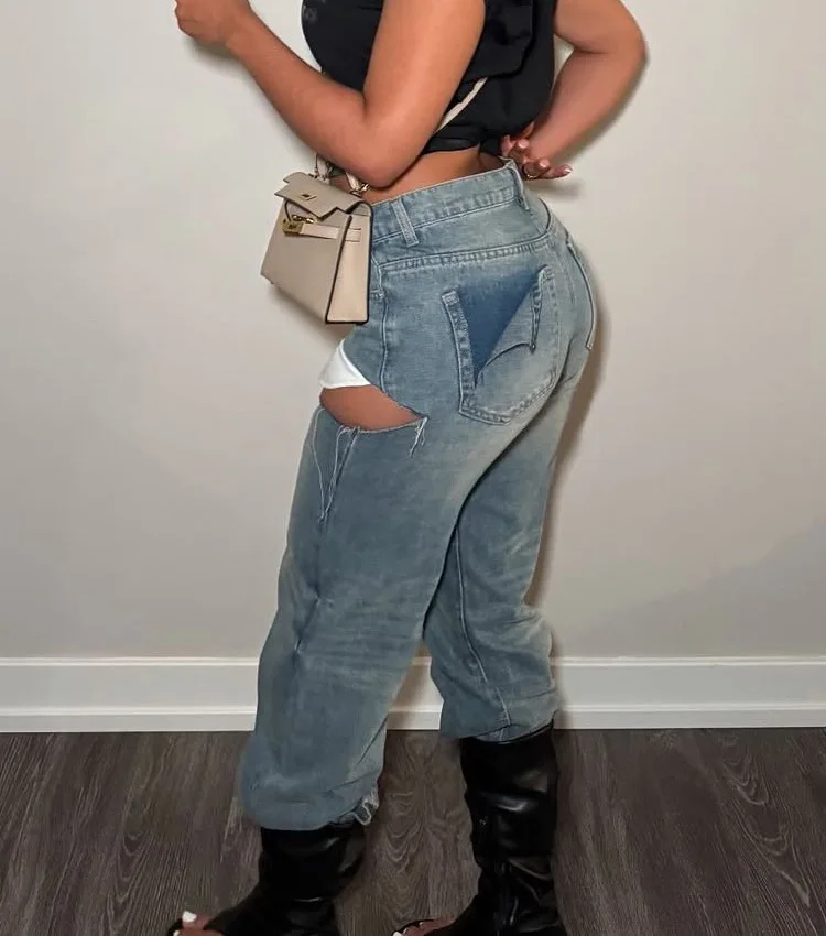 FAGADOER Y2k Sexy Hollow Out Denim Pants Women Solid Color Hole Patchwork High Waist Jeans Female Streetwear Bottoms 2025 New