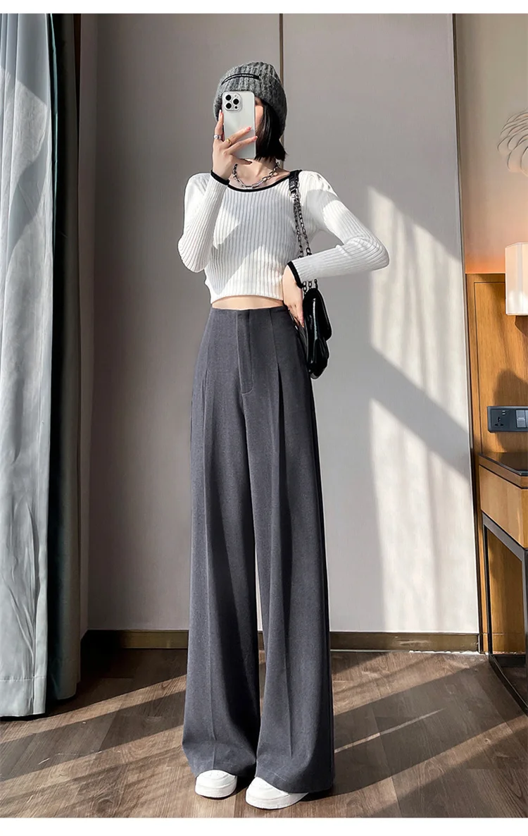Jielur Loose Pure Color High Waist Slim Women Pants Straight Casual Winter Simple Office Ladies Fashion Female Wide Leg Pants