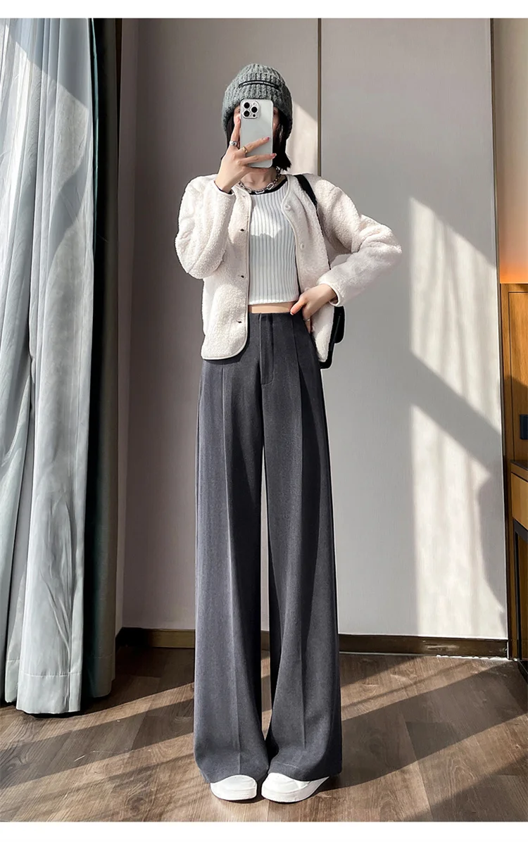 Jielur Loose Pure Color High Waist Slim Women Pants Straight Casual Winter Simple Office Ladies Fashion Female Wide Leg Pants