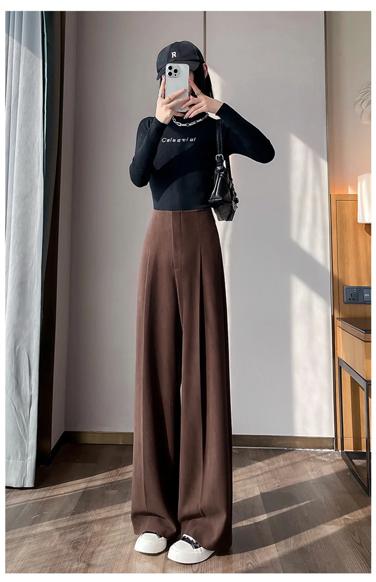 Jielur Loose Pure Color High Waist Slim Women Pants Straight Casual Winter Simple Office Ladies Fashion Female Wide Leg Pants