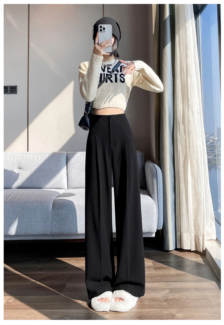 Jielur Loose Pure Color High Waist Slim Women Pants Straight Casual Winter Simple Office Ladies Fashion Female Wide Leg Pants