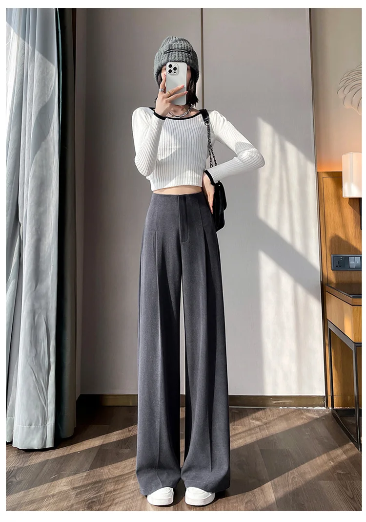 Jielur Loose Pure Color High Waist Slim Women Pants Straight Casual Winter Simple Office Ladies Fashion Female Wide Leg Pants