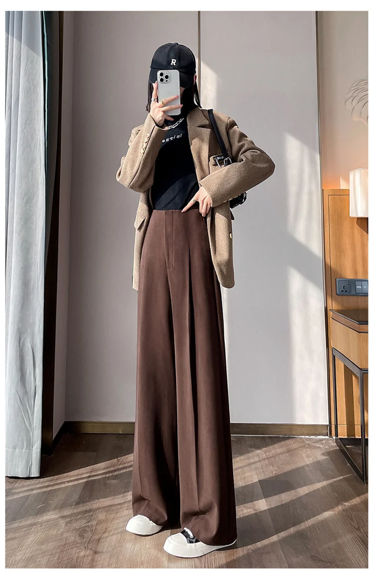 Jielur Loose Pure Color High Waist Slim Women Pants Straight Casual Winter Simple Office Ladies Fashion Female Wide Leg Pants