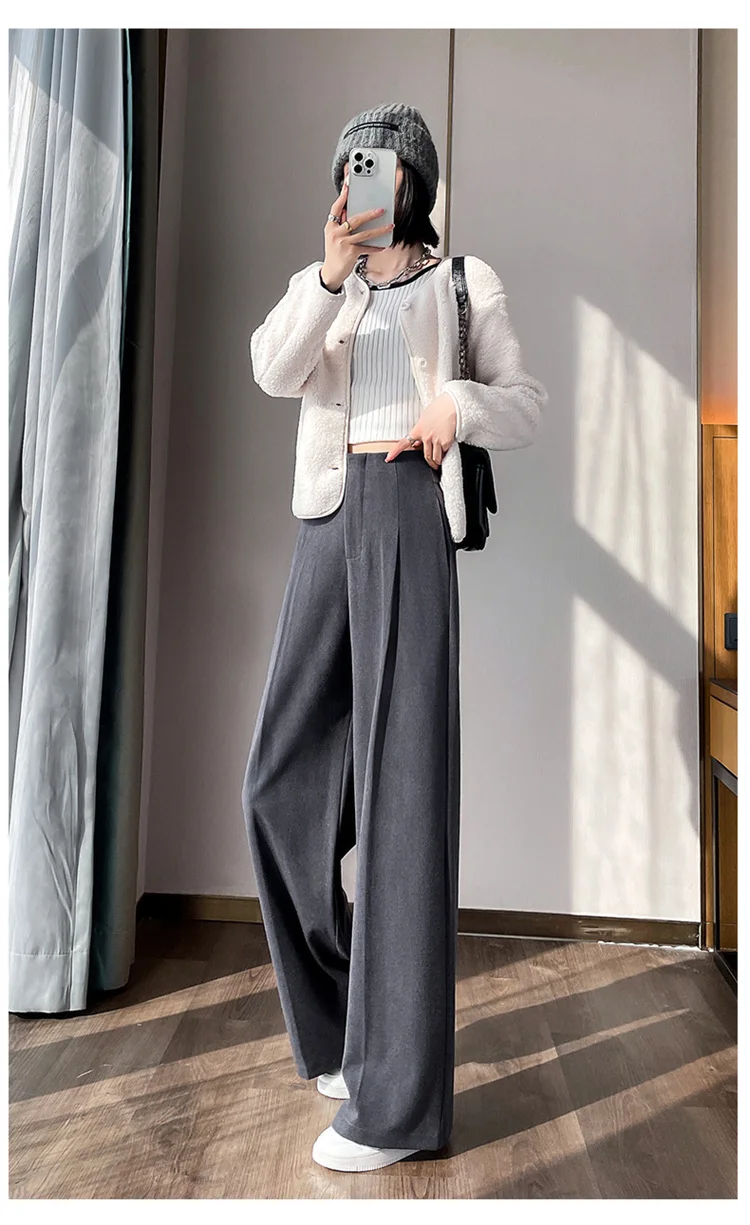 Jielur Loose Pure Color High Waist Slim Women Pants Straight Casual Winter Simple Office Ladies Fashion Female Wide Leg Pants
